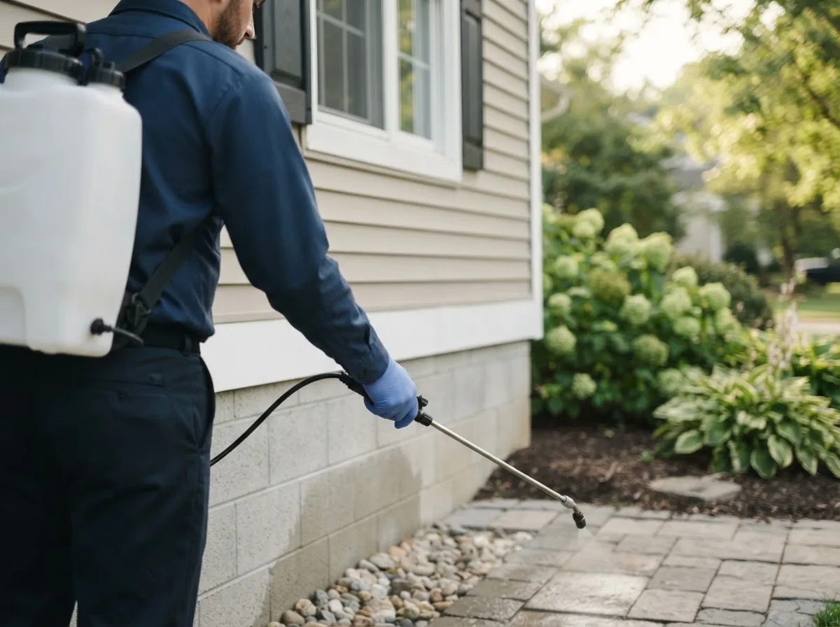 Pest control technician inspecting a home in Hebbronville, TX